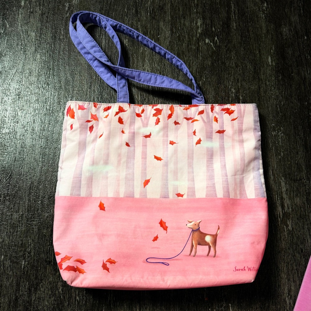 Sarah Wilkins Tote Bag Women Pink Purple Autumn Leaves Dog Reading Art Print